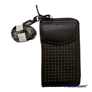 Women's black faux leather oversized wallet with strap and cell phone pocket new